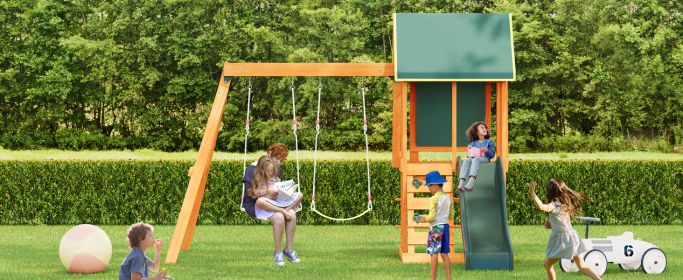 Wooden Outdoor Swing Set 3 in 1 Swing Set outdoor Children's Playset with Slide, 2 Swings and Climber for Garden, Backyard and Playground, Green