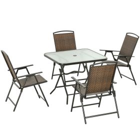 Outsunny 5 Pieces Wicker Patio Dining Set, Foldable Outdoor Table and Chairs, Wicker Furniture Dining Set with Umbrella Hole, Tempered Glass Table