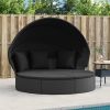 Patio Lounge Bed with Canopy and Cushions Black Poly Rattan