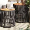 Patio Side Tables 2 pcs with Wooden Top Gray Poly Rattan