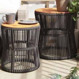 Patio Side Tables 2 pcs with Wooden Top Gray Poly Rattan
