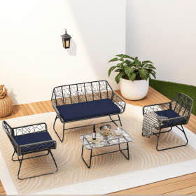 4-piece wicker patio furniture set with tempered glass table, detachable blue cushion cover for easy cleaning,Suitable for backyard, balcony, etc