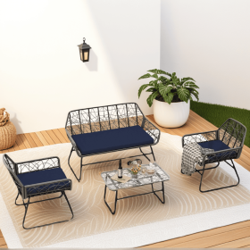 4-piece wicker patio furniture set with tempered glass table, detachable blue cushion cover for easy cleaning,Suitable for backyard, balcony, etc