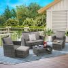 6 Piece Wicker Patio Furniture Sets with Ottoman & Tempered Glass Coffee Table