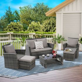 6 Piece Wicker Patio Furniture Sets with Ottoman & Tempered Glass Coffee Table