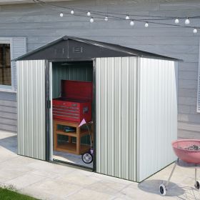 8ft x 4ft Outdoor Metal Storage Shed with Sliding Door and foundation for Backyard, Patio, Lawn - White and Black