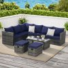 6 Piece Outdoor Patio Furniture Set, All Weather Wicker Rattan Outdoor Sofa Conversation Set with Glass Table, Cushions and Pillows, for Lawn, Garden