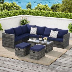 6 Piece Outdoor Patio Furniture Set, All Weather Wicker Rattan Outdoor Sofa Conversation Set with Glass Table, Cushions and Pillows, for Lawn, Garden