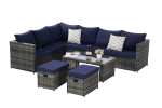 6 Piece Outdoor Patio Furniture Set, All Weather Wicker Rattan Outdoor Sofa Conversation Set with Glass Table, Cushions and Pillows, for Lawn, Garden