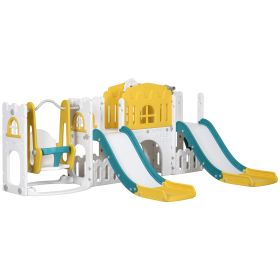 8 in 1 Slide and Swing Set, Baby Swing Set with Basketball Hoop, Climber, Steering Wheel, for Aged 1-3 Years, Yellow