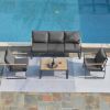 Outdoor 4 Pieces Furniture Sets Modern Iron Patio Conversation Sets Sofa w Grey Cushion Faux Wood Grain Frame Coffee Table for Garden Courtyard Poolsi