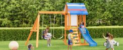 Wooden Outdoor Swing Set 3 in 1 Swing Set outdoor Children's Playset with Slide , 2 Swings and Climber for Garden, Backyard and Playground, Blue