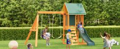 Wooden Outdoor Swing Set 3 in 1 Swing Set outdoor Children's Playset with Slide, 2 Swings and Climber for Garden, Backyard and Playground, Green
