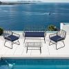 4-piece wicker patio furniture set with tempered glass table, detachable blue cushion cover for easy cleaning,Suitable for backyard, balcony, etc