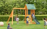 Wooden Outdoor Swing Set 3 in 1 Swing Set outdoor Children's Playset with Slide, 2 Swings and Climber for Garden, Backyard and Playground, Green
