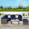 6 Piece Outdoor Patio Furniture Set, All Weather Wicker Rattan Outdoor Sofa Conversation Set with Glass Table, Cushions and Pillows, for Lawn, Garden
