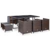 11 Piece Patio Dining Set with Cushions Poly Rattan Brown - Brown
