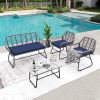 4-piece wicker patio furniture set with tempered glass table, detachable blue cushion cover for easy cleaning,Suitable for backyard, balcony, etc