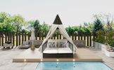 Outdoor Daybed Patio Lounge Bed with Adjustable Backrest Outdoor Double Sun Lounger with Curtains, 4 Pillows for Garden Patio Poolside Balcony Beach