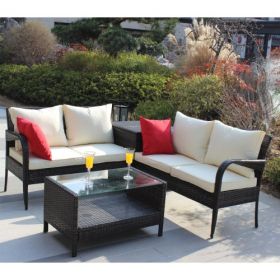 4 Piece Patio Sectional Wicker Rattan Outdoor Furniture Sofa Set With Storage Box Brown (Color: Brown)