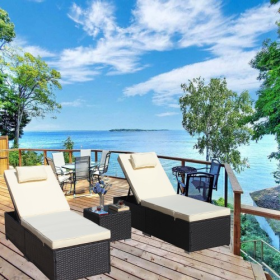 3-Piece Outdoor Patio Furniture Set Chaise Lounge, Patio Reclining Rattan Lounge Chair Chaise Couch Cushioned With Glass Coffee Table, Adjustable Back (Option: Dark Gray)