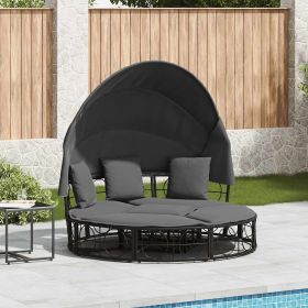Patio Lounge Bed with Canopy and Cushions Black Poly Rattan (Color: Black)