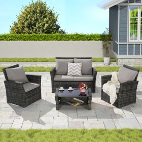 4 Pieces Outdoor Patio Furniture Sets Garden Rattan Chair Wicker Set, Poolside Lawn Chairs with Tempered Glass Coffee Table Porch Furniture (Color: as Pic)