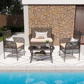 4 Pieces Outdoor Patio Furniture Set,PE Rattan Wicker Garden Conversation Chairs with Tempered Glass Table and Soft Cushions for Backyard Pool or Lawn (Color: as Pic)