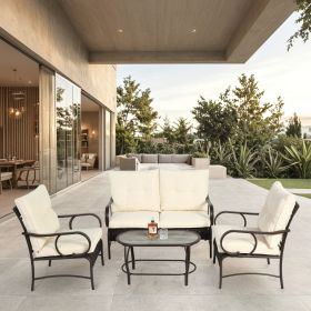 4 Piece Outdoor Patio Furniture Sets, Wicker Conversation Set for Porch Deck, Brown Rattan Sofa Chair with Cushion (Color: as Pic)