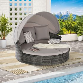 5 Pieces Outdoor Patio Round Daybed Furniture,Wicker Conversation Set with Retractable Canopy, Soft Cushions (Color: as Pic)