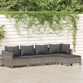 5 Piece Patio Lounge Set with Cushions Gray Poly Rattan (Color: GRAY)