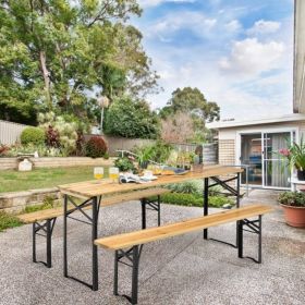 3 Pieces Folding Wooden Picnic Table Bench Set (Color: Black (iron frame))