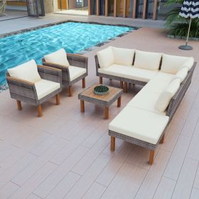 GO 9-Piece Patio Rattan Furniture Set, Outdoor Conversation Set With Acacia Wood Legs and Tabletop, PE Rattan Sectional Sofa Set with Coffee Table (Color: as Pic)