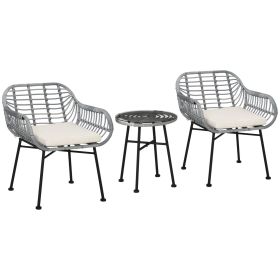 Outsunny 3 Piece Patio Set, Outdoor Bistro Furniture, PE Rattan Wicker Table and Chairs, Cushioned, Hand Woven (Color: as Pic)