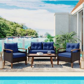 GO 4-Piece Garden Furniture, Patio Seating Set, PE Rattan Outdoor Sofa Set, Wood Table and Legs, Brown and Blue (Color: as Pic)