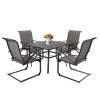 MEOOEM Patio  C Spring Textilene Dining Set  Bistro Set Outdoor Furniture Square Bistro Metal Table Side Table and Dining Chairs