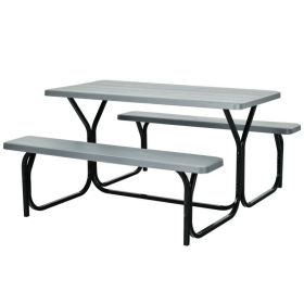Outdoor Picnic Table Bench Set with Metal Base (Color: GRAY)