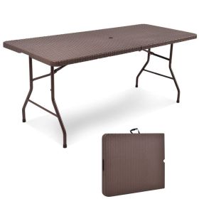 6 Feet Folding Portable Rattan Table with Carrying Handle (Color: Brown)
