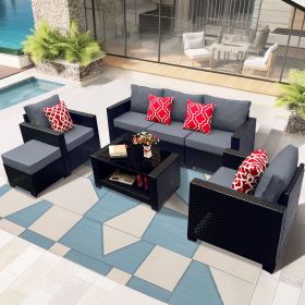 Outdoor Garden Patio Furniture 7-Piece PE Rattan Wicker Cushioned Sofa Sets and Coffee Table (Color: GRAY)