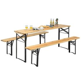 3 Pieces Folding Wooden Picnic Table Bench Set (Color: Natural, Black (iron frame))