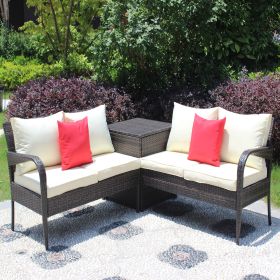 3 Piece Patio Sectional Wicker Rattan Outdoor Furniture Sofa Set With Storage Box Brown (Color: as Pic)