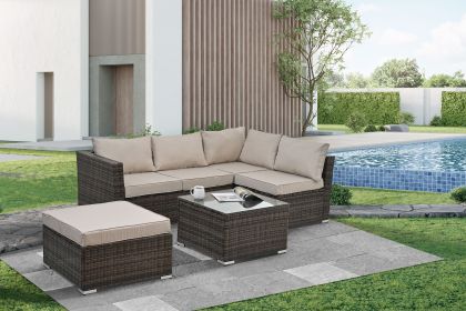 Patio Furniture, Outdoor Furniture, Seasonal PE Wicker Furniture, 4 Set Wicker Furniture With Tempered Glass Coffee Table (Color: as Pic)