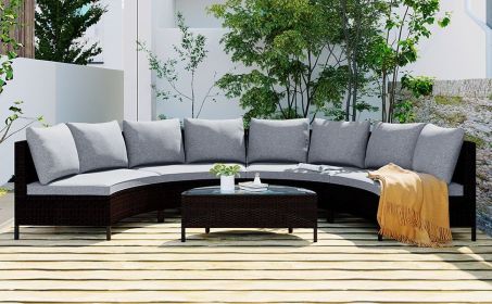 TOPMAX 5 Pieces All-Weather Brown PE Rattan Wicker Sofa Set Outdoor Patio Sectional Furniture Set Half-Moon Sofa Set with Tempered Glass Table, Gray (Color: as Pic)