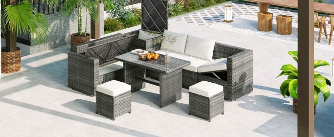TOPMAX Outdoor 6-Piece All Weather PE Rattan Sofa Set, Garden Patio Wicker Sectional Furniture Set with Adjustable Seat, Storage Box (Color: as Pic)