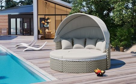 TOPMAX Patio Furniture Round Outdoor Sectional Sofa Set Rattan Daybed Two-Tone Weave Sunbed with Retractable Canopy (Color: as Pic)