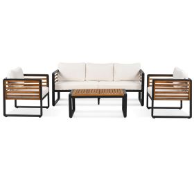 GO Large Size 4-pieces Outdoor Furniture sofa for 5 Person Conversation Set, Garden Sofa Set With Removable Cushion, Metal And Wood Frame Sofa set (Color: as Pic)