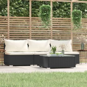 Patio Furniture Set 4 Piece with Cushions Black Poly Rattan (Color: Black)