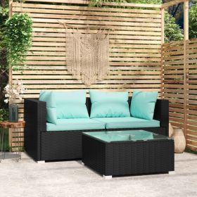 Patio Furniture Set 3 Piece with Cushions Black Poly Rattan (Color: Black)