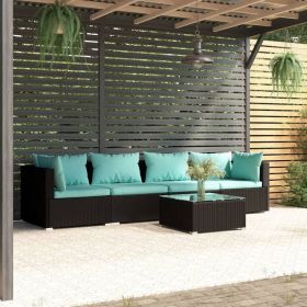 Patio Furniture Set 5 Piece with Cushions Poly Rattan Black (Color: Black)