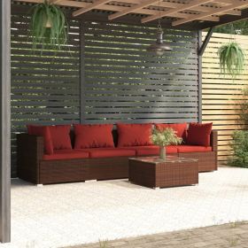 Patio Furniture Set 5 Piece with Cushions Poly Rattan Brown (Color: Brown)